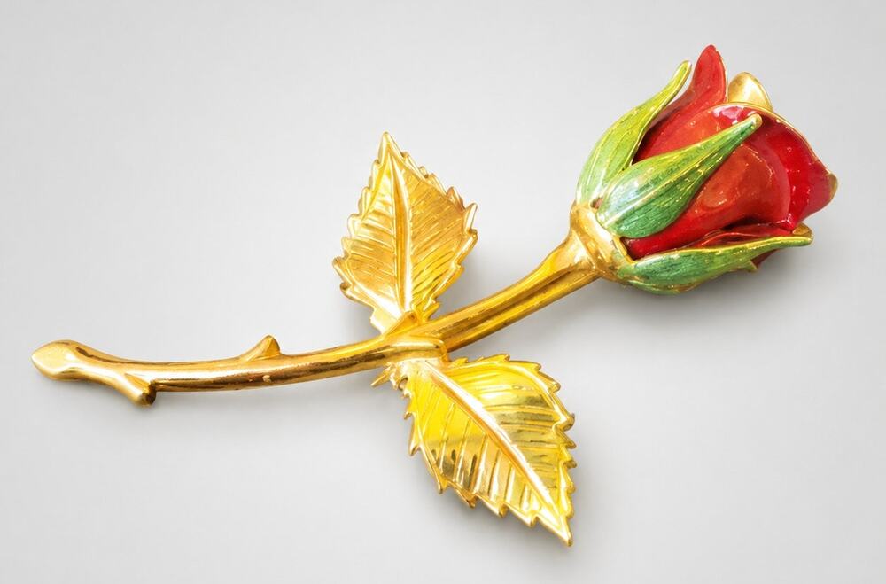 Red Rose Brooch Pin 3"‎ Flower Gold-tone Enamel Romantic Vintage sf-42